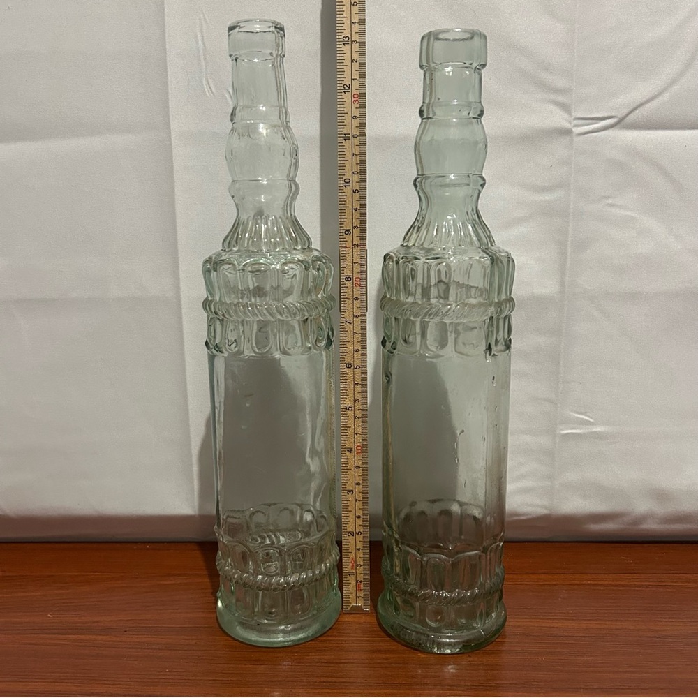 Vintage Light Green Glass Bottles Decorative SET of 2 Decanter Olive Oil Vase